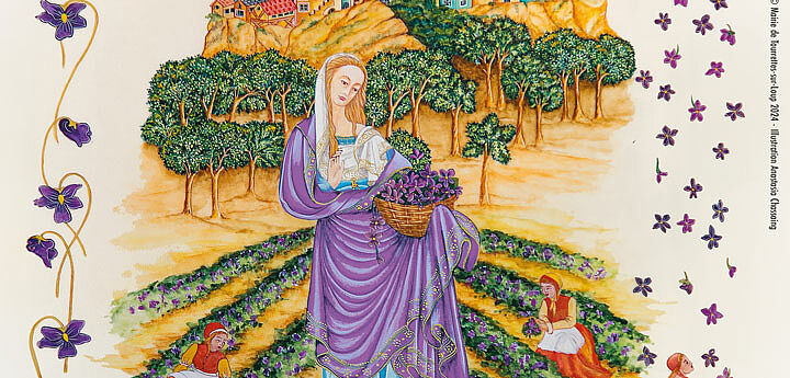 Peinture d'une femme portant des violettes dans un panier